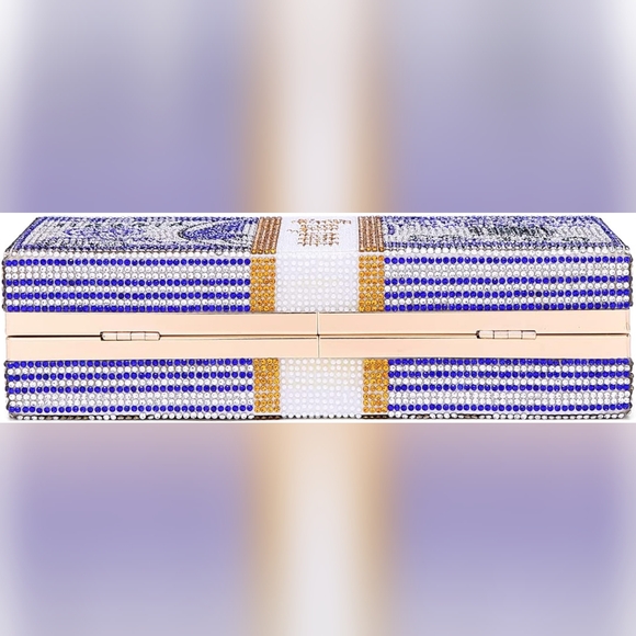 Dark Blue Bling Rhinestone $10,000 Money Bag Purse Clutch Crossbody New - Picture 4 of 6